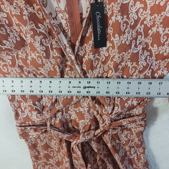 Chocolate U.S.A., Short Romper, Terracotta/Cream Print, Zip Back, Waist Tie SZ L - Picture 10 of 14